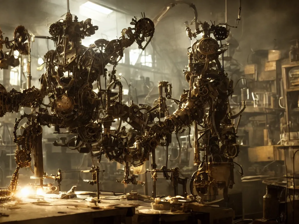 Image similar to bernie sanders building a steampunk clockwork doomsday robot, cinematic moody lighting, sharp focus, dirty laboratory, imax