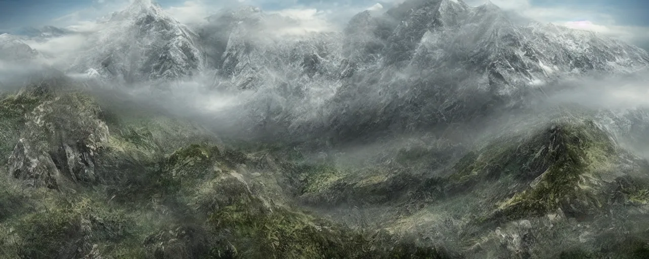 Prompt: two steep mountain peaks, with villages at the peak, digital art, far away, low fog layer