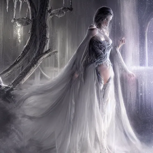 Image similar to kerli koiv as a ice queen full ball gown dress, darkwave, darksynth, concept art, sharp, digital matte painting, art by luis royo, greg rutkowski, wlop, dramatic lighting, trending on artstation