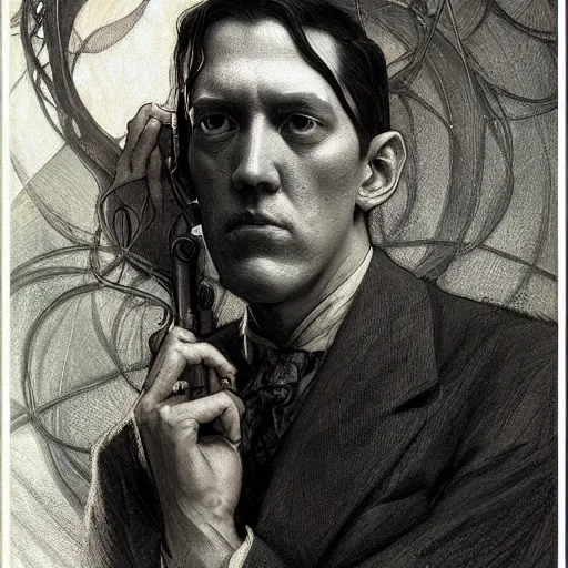 Prompt: amazing lifelike award winning pencil illustration of h.p. lovecraft trending on art station artgerm Greg rutkowski alphonse mucha cinematic