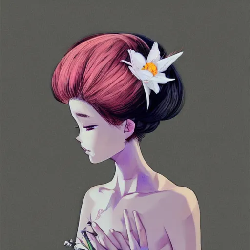 Prompt: little girl with flowers in hair wearing an dress made of feathers, anime style, art by ilya kuvshinov, 8 k, concept art