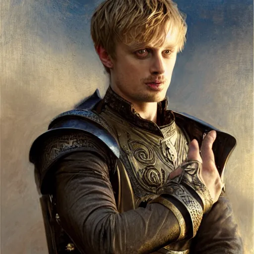 Prompt: bradley james as attractive king arthur pendragon, natural lighting, high quality, very detailed painting, by gaston bussiere, tom bagshaw, j. c. leyendecker