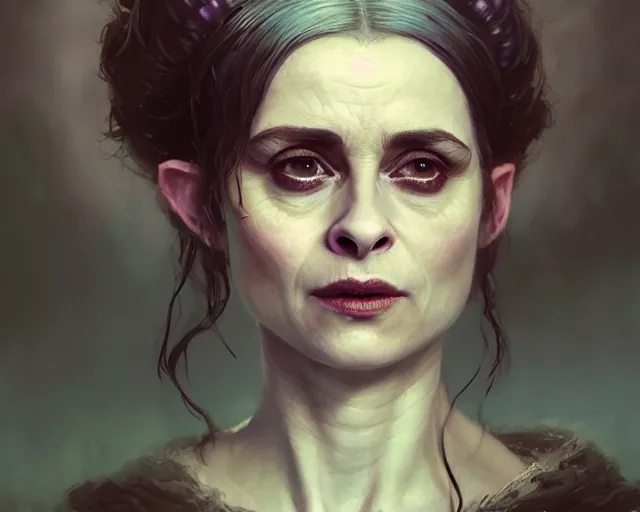 Image similar to highly detailed portrait of helena bonham carter as a bald elf, in skyrim, stephen bliss, unreal engine, fantasy art by greg rutkowski, loish, rhads, ferdinand knab, makoto shinkai and lois van baarle, ilya kuvshinov, rossdraws, tom bagshaw, global illumination, radiant light, detailed and intricate environment