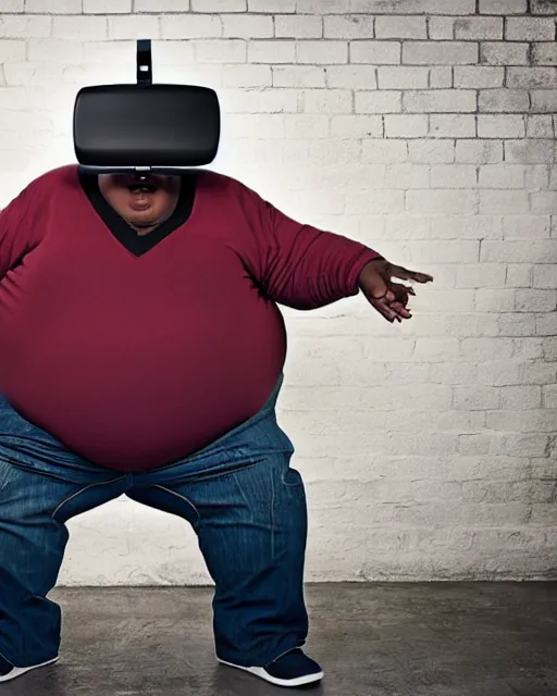 Image similar to Studio Photograph of a real life Super morbidly obese 800 pound American teenager Fat Albert wearing VR goggles in the Style of Annie Leibovitz,