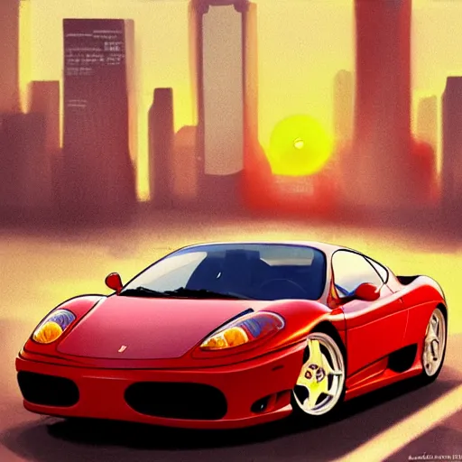 Image similar to 2 0 0 6 red ferrari 3 6 0 modena during golden hour, view of new york in warm light, highly detailed, artstation, concept art