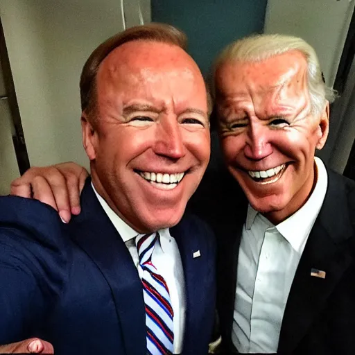 Image similar to alex jones with three eyes taking a selfie with joe biden