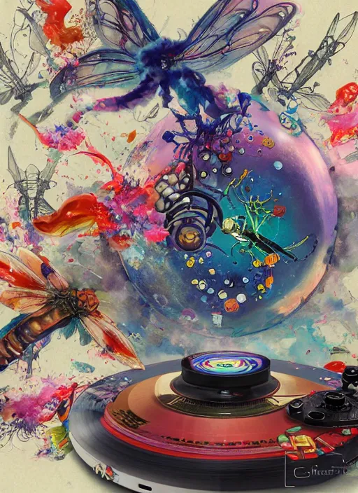 Image similar to surreal gouache painting, by yoshitaka amano, by ruan jia, by Conrad roset, by good smile company, detailed anime 3d render of a magical round flying Vinyl Discos , DJ Mixer, deck surrounded by Dragonfly,flying discos , controller, portrait, cgsociety, artstation, rococo mechanical and Digital and electronic, dieselpunk atmosphere