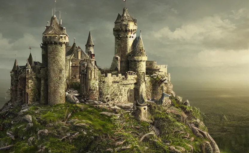 Image similar to a abandoned castle on the edge of a high cliff, 8 k, shallow depth of field, intricate detail, concept art,