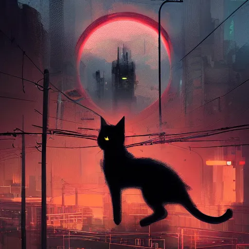 Prompt: a detailed matte painting of a black cat with red led eyes, the cat is in a intricately detailed neo cyberpunk Japanese city, the angel of death with a halo, colorful background not limited to children, by Ismail Inceoglu , concept art, featured on cgsociety