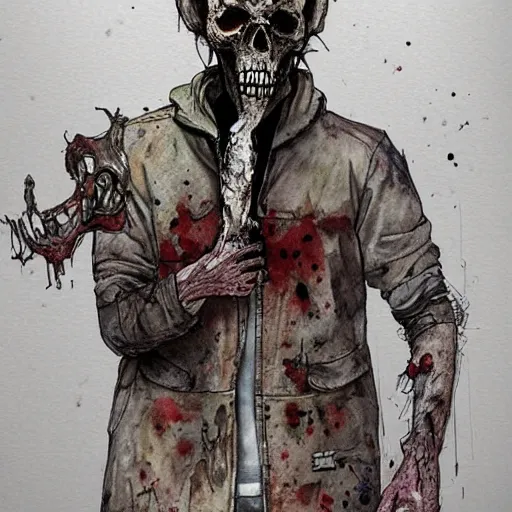 Image similar to a sketch of a decomposing zombie in a post - apocalyptic desert, gta 5 cover art style, the desert is in watercolor, elephant skull, pencil, intermediate art, paper art, pencil, bold lines, humans with apocalypse clothes on in the background, by an gta 5 loading screen artist