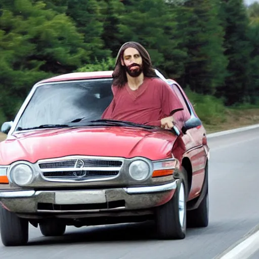 Image similar to jesus driving a car