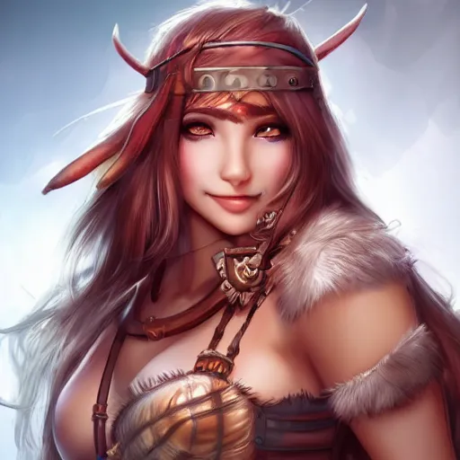 Prompt: very beautiful female barbarian, smiling, flirty, eye contact, perfect face, perfect body, drawn by artgerm