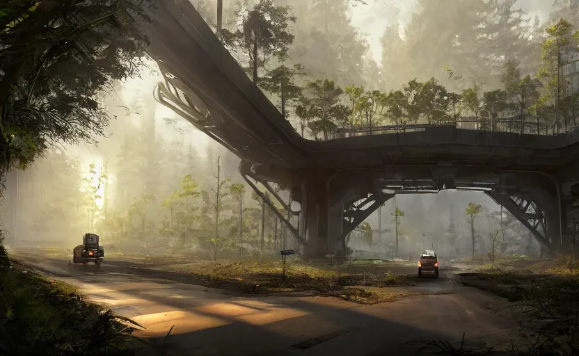 Prompt: A highway interchange above a megamall entrance in a desolate swamp, portal 2 screenshot, satisfactory screenshot, outer wilds screenshot, digital art, artstationhq, Jordan Grimmer and Victor Mosquera