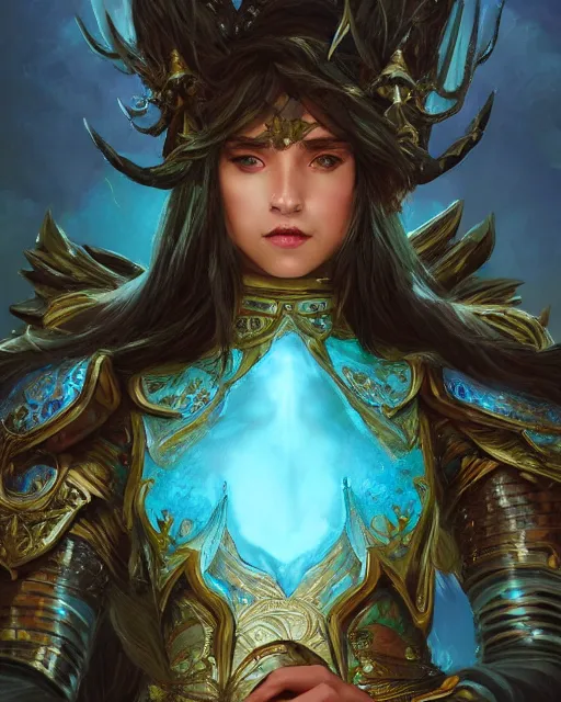 Image similar to Portrait of a Fantasy turquoise knight, moonlit, HD, illustration, epic, D&D, fantasy, intricate, elegant, highly detailed, digital painting, artstation, concept art, smooth, sharp focus, illustration, art by artgerm and greg rutkowski and alphonse mucha, monster hunter illustrations art book