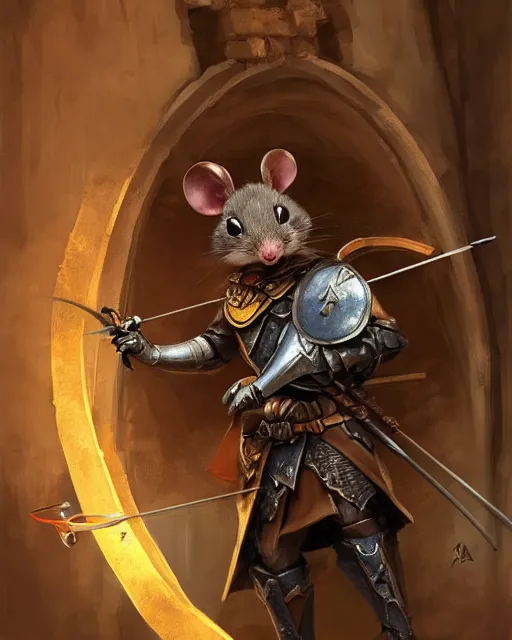 Prompt: closeup 2 8 mm anthropomorphic archer mouse using a crossbow in a castle, d & d, fantasy, intricate, action pose, particle effects, highly detailed, digital painting, artstation, concept art, matte, sharp focus, volumetric lighting, illustration, hearthstone, art by artgerm, wlop, craig mullins, alphonse mucha