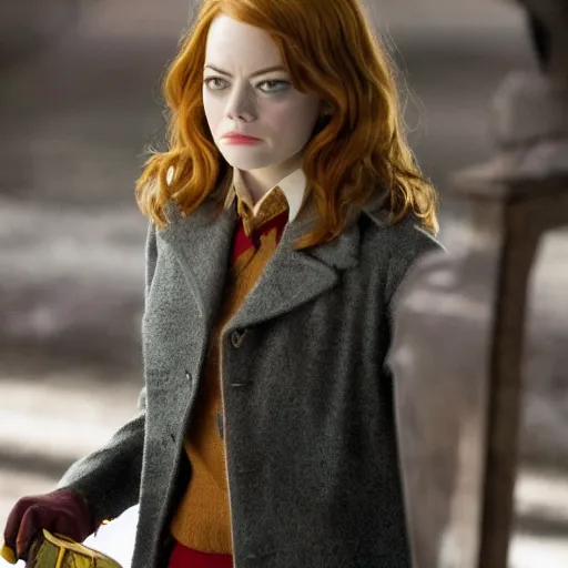Image similar to emma stone as Hermione Grainger a still shot from harry Potter movie 2