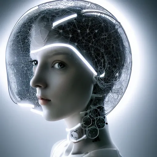 Prompt: beautiful centered fine art photo portrait of romantic beautiful girl as a solarpunk robotic humanoid, white mechanical parts with led lights, bouguereau style pose, photorealistic, white background, highly detailed and intricate, soft box lighting, hdr 8 k