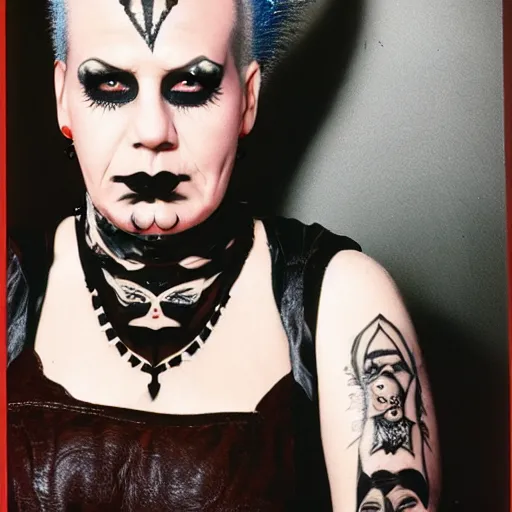 Prompt: Medium shot portrait of goth Angela Merkel with makeup, facial tattoos, piercings and a mohawk, sneering at the camera, split lighting! F 1.8, Kodachrome