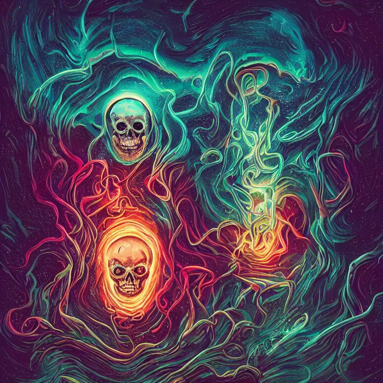 Image similar to a center frame giant skull with intricate rune carvings and glowing eyes with thick lovecraftian tentacles emerging from a space nebula by dan mumford, symmetry, twirling smoke trail, a twisting vortex of dying galaxies, digital art, vivid colors, highly detailed