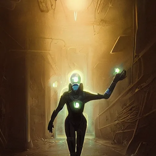 Image similar to humanoid electric transparent lightning elemental wearing sci-fi goggles, haunted spaceship hallway, sci-fi artwork, horror, 8k, concept art, dramatic pose, art by artgerm and greg rutkowski