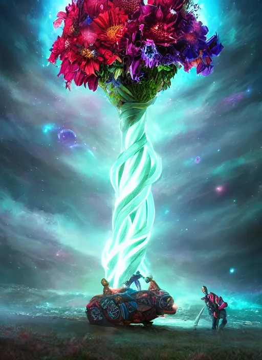 Image similar to An epic fantastic realism comic book style painting of the most beautiful entwined flowers launched across the dark galactic night sky, nebulous bouquets, fisheye lens, unreal 5, DAZ, hyperrealistic, octane render, dynamic lighting