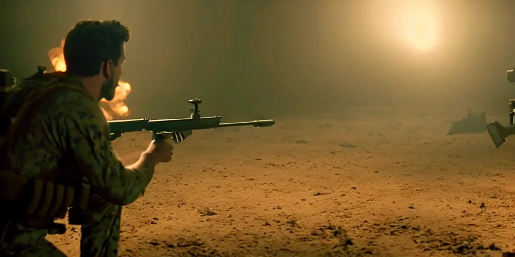 Image similar to high detail movie still of ultra realistic spongebob squarepants shooting an ak - 4 7 machine gun with muzzle flash, cinematic framing rule of thirds, cinematic light, hard shadows, in the style of the movie lone survivor,