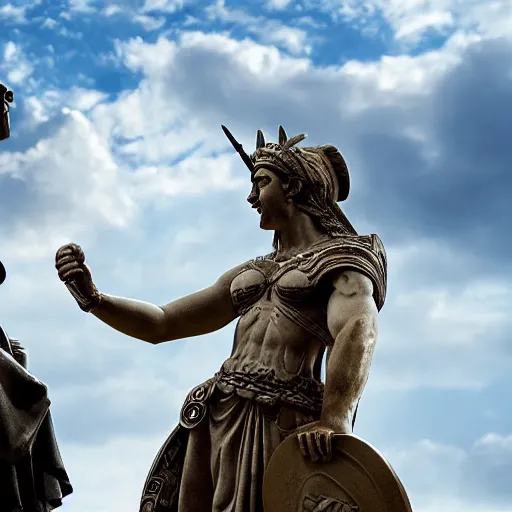 Prompt: photo of the goddess athena talking with odysseus, laughing and nodding, photorealistic, prizewinning photo, ultradetailed, cloudy day lighting