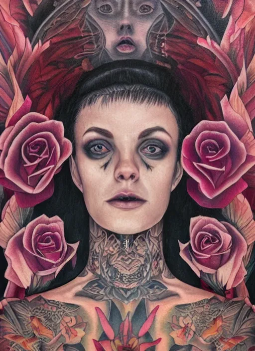 Image similar to beautiful enlightened woman instagram cult influencer with tattoos, tattooed skin, oil painting, robe, symmetrical face, dark ritual myth, by martine johanna, sean yoro masterpiece