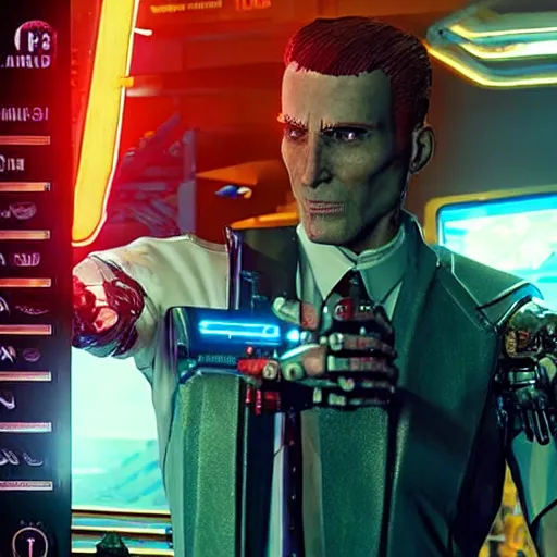 Image similar to donald trump as an evil cyborg in cyberpunk 2 0 7 7 and is the head of an evil corporation, technological, movie footage, high - tech, still frame