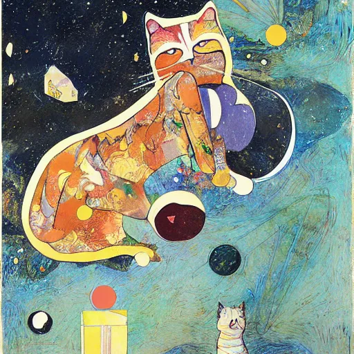 Prompt: cat floating in space , a mix media painting by Victo Ngai and Leonardo da Vinci and Natalia Goncharova, cluttered , child's drawing