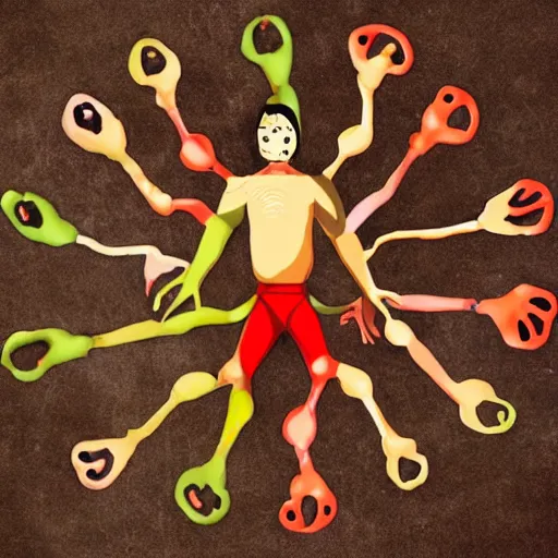 Image similar to a man with four arms, four lets and two heads