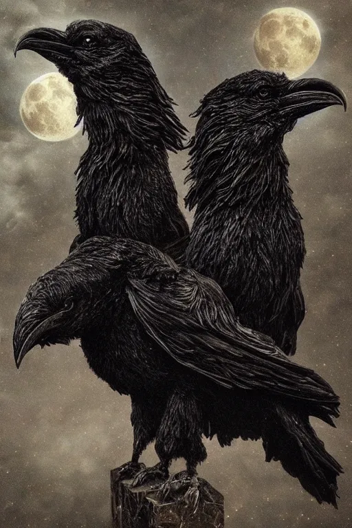 Image similar to Intricate stunning highly detailed surreal ravens by agostino arrivabene and Seb McKinnon, sculpture, ultra realistic, Horror, full moon, blood moon, thick black swirling particle smoke tornado, fire embers, trending on artstation