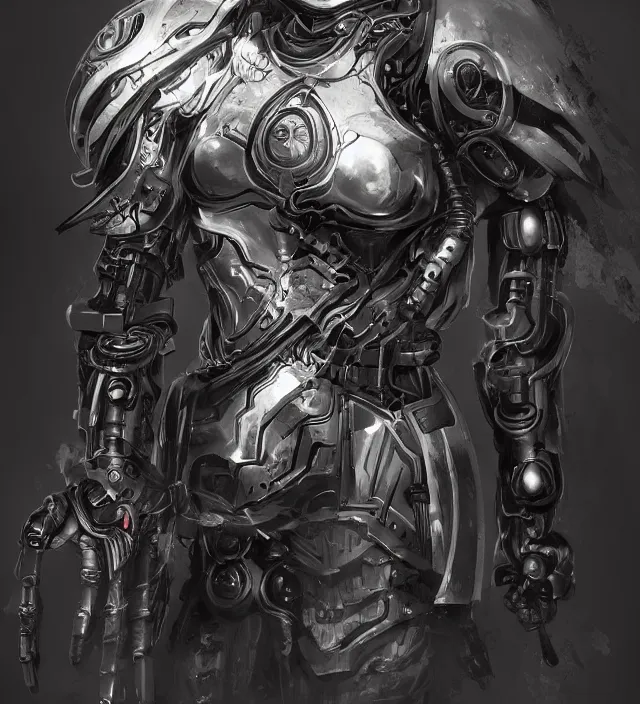 Image similar to a character portrait of a cyborg knight in the style of high fantasy art in the style of science fiction art trending on artstation deviantart pinterest hyper detailed photorealistic highlights and shadow hd 8 k post - processing high resolution
