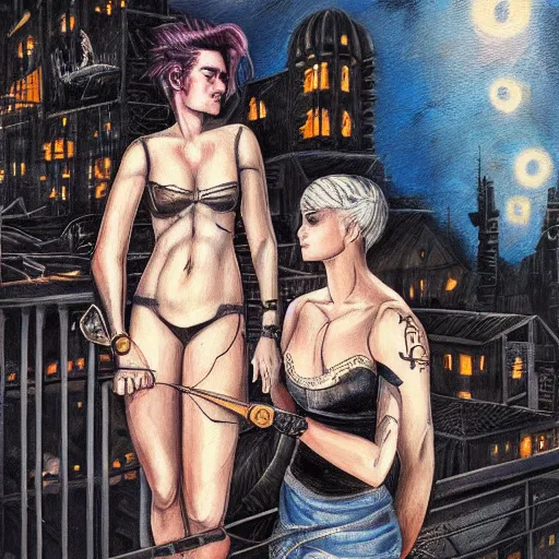 Image similar to short - haired tattooed heroic stoic handsome muscular blonde butch tomboy woman engineer standing beside dark fae feathered gothic jennifer connelly standing together on a balcony at night, in love, rocket factory in background, highly detailed, trending on art station, oil painting