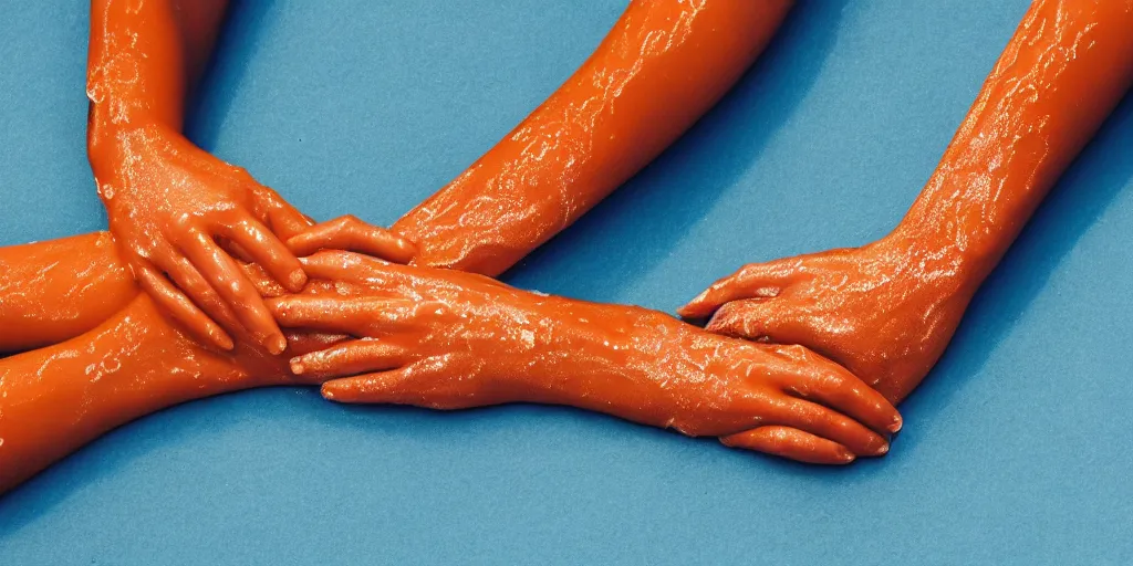 Image similar to sensual bodies intertwined in orange light, wet skin, close together, holding each other tight, drops of water, beautiful hands, no head, no face, torso, backlit, 8 k, realistic