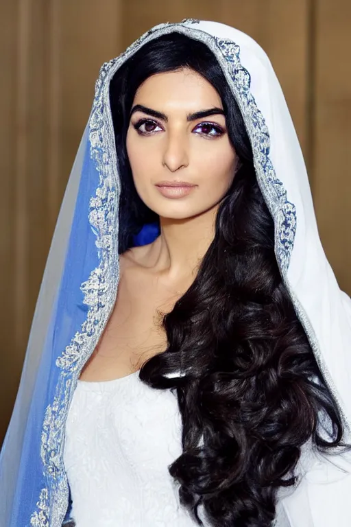 Image similar to Ameera al-Taweel, blue eyes, long wavy black hair, white veil, closeup, focus face