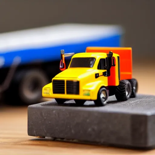 Image similar to cybertruck hot wheels on a desk with other toys in the background, depth of field, dramatic lighting