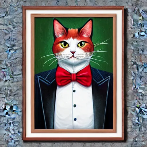 Prompt: portrait illustration of funny cat in the white tuxedo and red tie by jeremiah ketner, quint buchholz, wlop, dan mumford