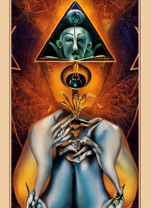 Image similar to full set of illuminati tarot cards in the style of Salvador Dali, hyper-realistic, highly detailed, intricate detail, depth of field, High definition, 8k, octane render, artstation