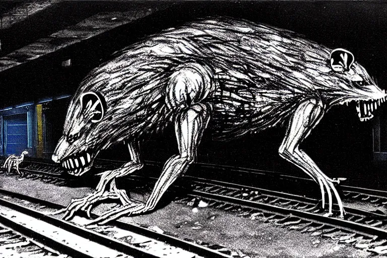 Image similar to very large giant mutant zombie irradiated ( angry rat ) staying on railways in tonnel of moscow subway. tonnel, railways, giant angry rat, furr, fangs, claws, very realistic. fog, extreme long shot, herman nitsch, giger.