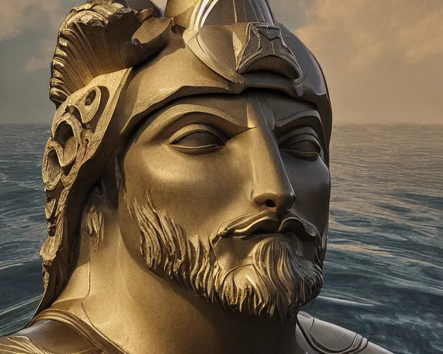 Prompt: a giant abstract sculpture of a legendary greek warrior god on the water, in the style of thomas schutte, award winning, cinematic, hyper - realistic, very detailed, realistic water splashes, ray tracing, 8 k resolution, long - shot, sharp focus, low angle, 8 5 mm photograph, wide lens