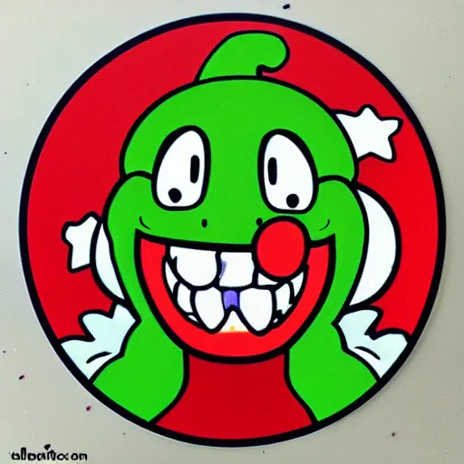 Prompt: symmetrical die cut sticker, yoshi from yoshi's island, splatter paint