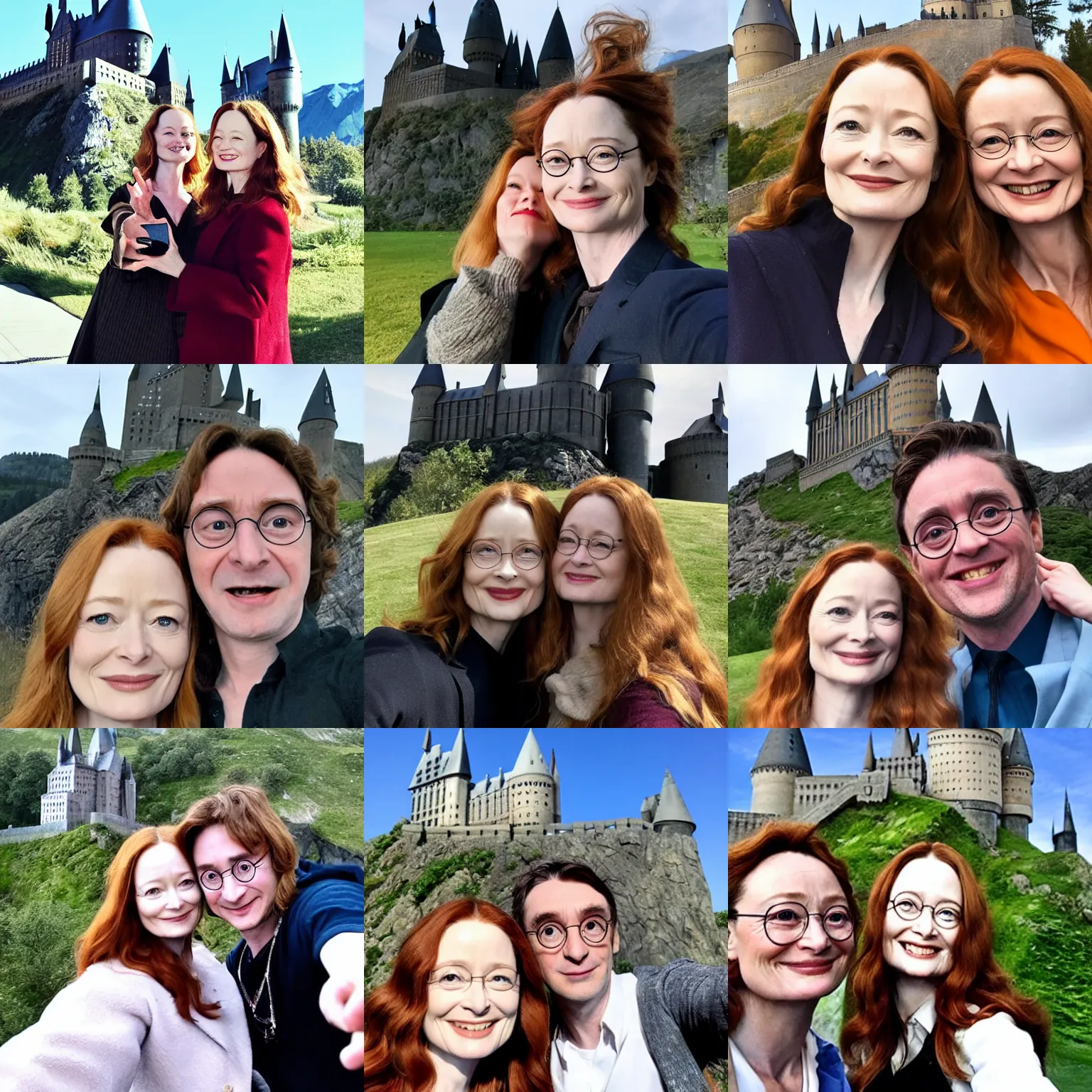 Prompt: miranda otto, posing for a selfie with harry potter, in front of a castle on a mountain