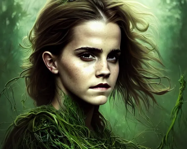Image similar to mindblowing portrait of emma watson as a swamp witch, green colored skin!!, messy hair, deep focus, d & d, fantasy, intricate, elegant, highly detailed, digital painting, artstation, concept art, matte, sharp, illustration, hearthstone, art by artgerm and greg rutkowski and alphonse mucha
