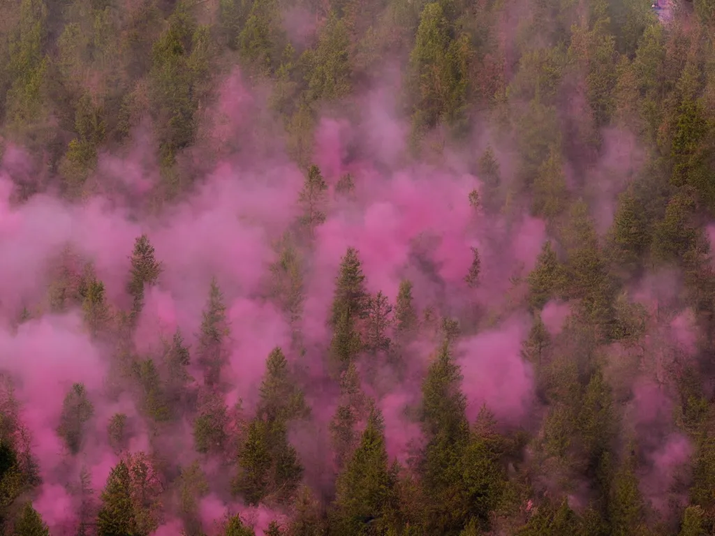 Image similar to forest in pink smoke