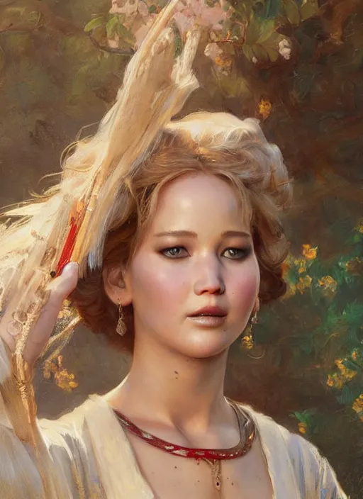 Image similar to detailed portrait of jennifer lawrence wearing hanfu, natural light, painting by gaston bussiere, craig mullins, j. c. leyendecker