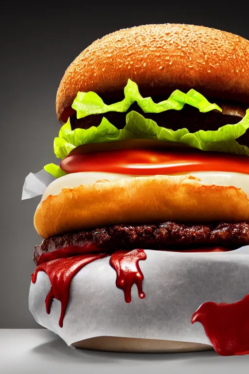 Prompt: mcdonalds hamburger covered in blood, commercial photography