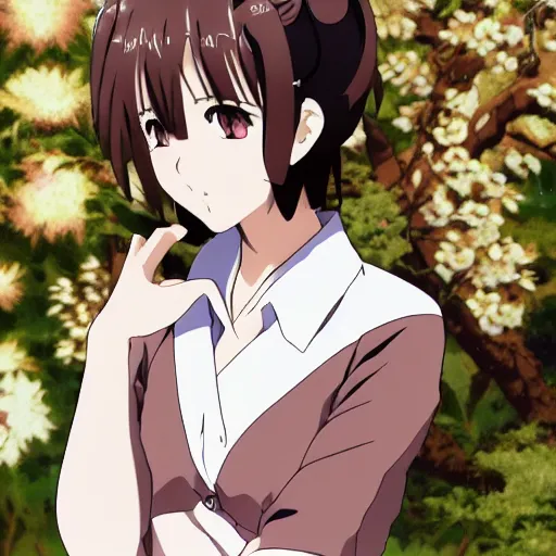 Image similar to Detailed anime key visual of a beautiful Japanese woman with short brown hair, shoulder-length; wearing a white shirt with a floral pattern; Official media