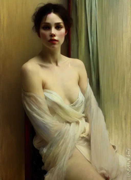 Image similar to a portrait of beautiful woman, inside a modern apartment, detailed oil painting, misty, ethereal, soft lighting, 8 k, by ruan jia and alphonse mucha