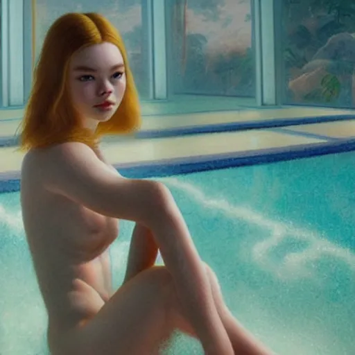 Image similar to Elle Fanning at the pool in the style of Guibing Zhu, head and shoulders portrait, stormy weather, extremely detailed masterpiece, oil on canvas, low-key neon lighting, artstation, Blade Runner 2049, Roger Deakin’s cinematography, by J. C. Leyendecker and Peter Paul Rubens and Edward Hopper and Michael Sowa,